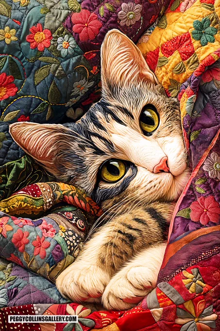 Colorful artwork of a tabby cat in a patchwork quilt, by artist Peggy Collins.