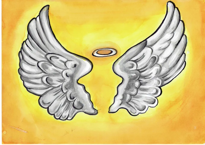 Painting - a pair of white angel wings with a halo on a yellow and orange background.