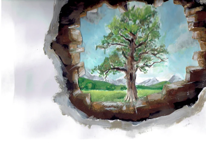 Painting - a white brick wall with a large hole. Through the hole is a big tree and rolling hills.