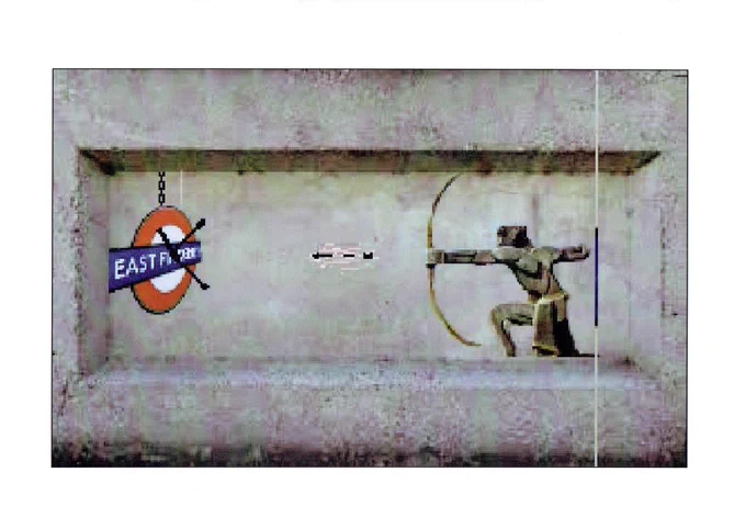 East Finchley's Archer shooting an arrow at the East Finchley tube station sign. It's pixelated like video game graphics.