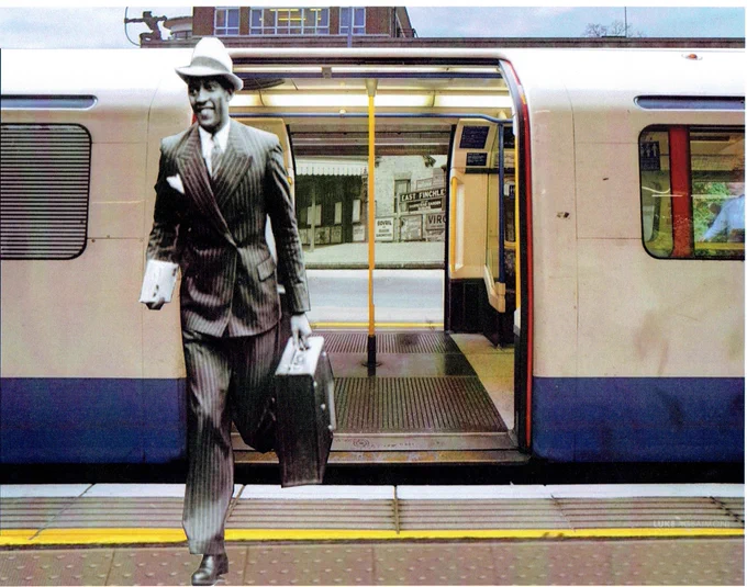 Collage - a dark-skinned person dressed in 1930s men's suit steps off a modern-day London Underground Northern line train.