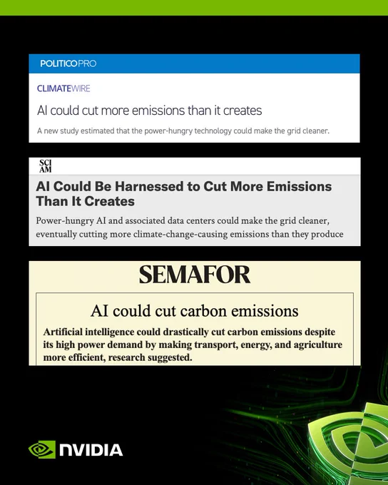 Politico Pro: "AI could cut more emissions than it creates. A new study estimated that the power-hungry technology could make the grid cleaner."

Scientific American: "AI Could Be Harnessed to Cut More Emissions Than It Creates. Power-hungry AI and associated data centers could make the grid cleaner, eventually cutting more climate-change-causing emissions than they produce."

Semafor: "AI could cut carbon emissions. Artificial intelligence could drastically cut carbon emissions despite its high power demand by making transport, energy, and agriculture more efficient, research suggested." 