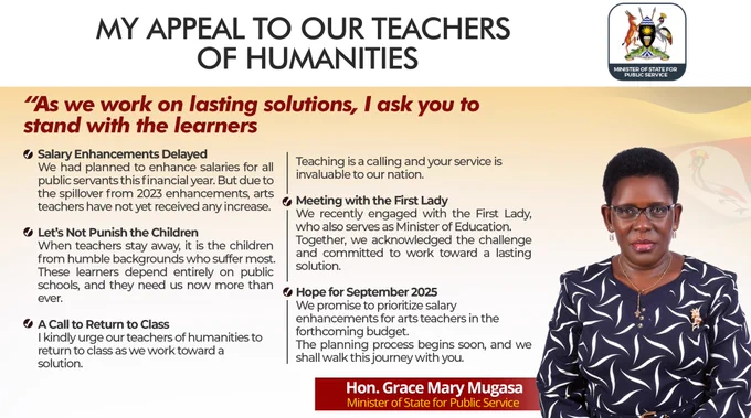 🎓 Our nation’s future is shaped in the classroom.

The Ministry of Public Service remains committed to dialogue, fairness, and long-term solutions for all educators. As we navigate financial realities, we call for unity, patience, and continued dedication to the learners who need us most.

Let’s prioritize learning, protect the dreams of the vulnerable, and keep the doors of opportunity open.

#LeadershipInEducation #PublicServiceUG #TeachersMatter #UgandaEducation #CommitmentToTeachers #BackToClass #HumanitiesMatter