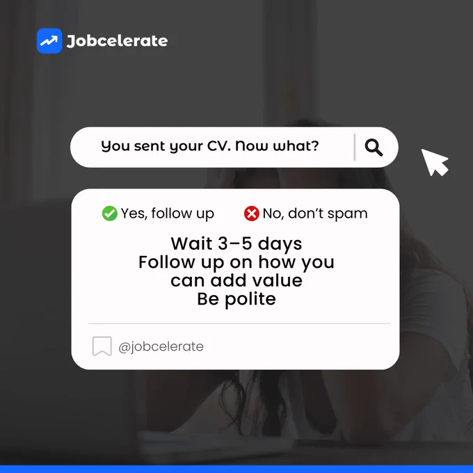 You sent the email. Now what? Yes, follow up. No, don’t spam. 🎯 Wait 3–5 days. Be polite. Add value.”
Helpful reminder for job seekers on when and how to follow up after sending a job application or message.