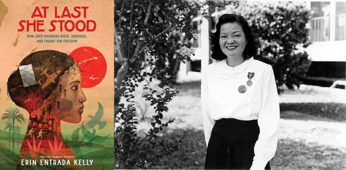 Book cover of 'At Last, She Stood' by Erin Entrada Kelly on the left, featuring a stylized illustration of a person's profile. 