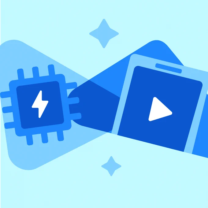 A blue cartoon graphic shows a computer chip on the left with a lightning bolt in the center, and a tablet on the right with a play symbol on the screen. The background is light blue and there are two blue star shapes. 