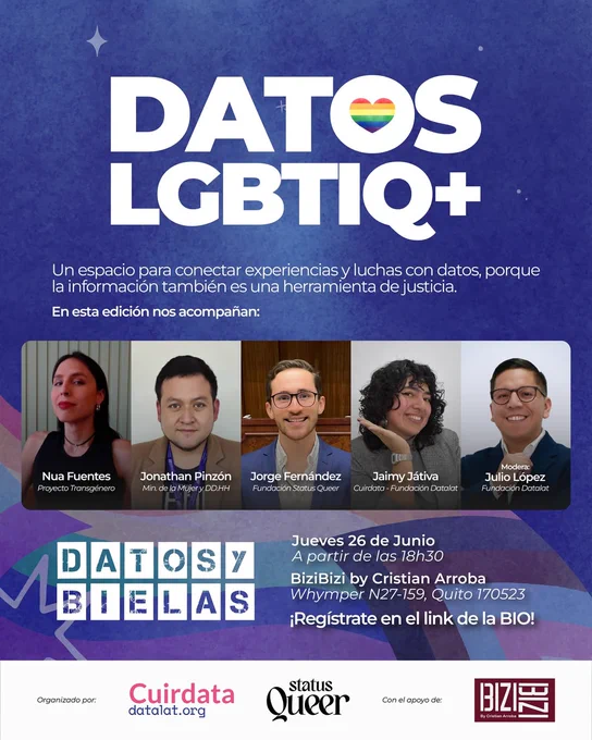#Ecuador |

🗓️ Este 26.06.2025...

🍻📊 ¡Brindemos por un #DatosyBielas muy especial junto a Datalat (@datalat) y Status Queer (@statusqueer_ec)!

 🏳️‍🌈 Exploremos la importancia de abrir y generar datos #LGBTIQ  a favor de la visibilidad, equidad y cambio 🏳️‍⚧️

📋 ¡Inscríbete ACÁ! ➡️ bit.ly/46d9jW1