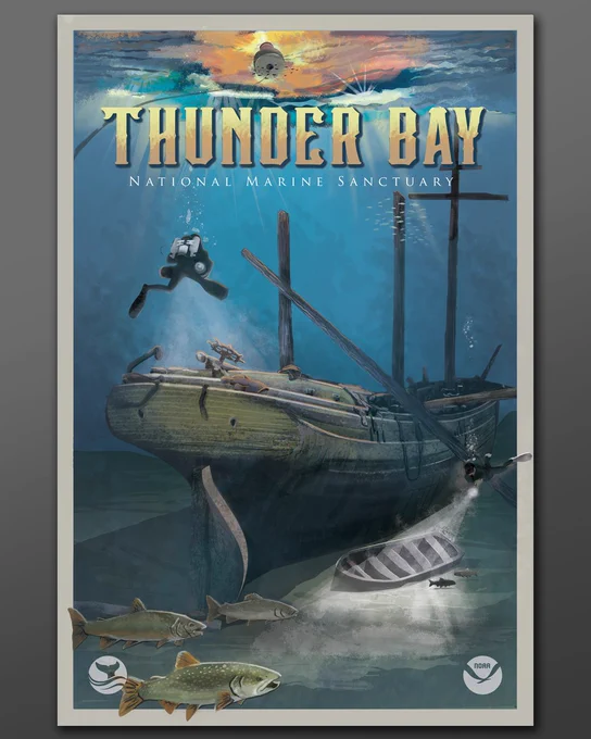 Thunder Bay National Marine Sanctuary commemorative poster, featuring a digital illustration of two divers explorating an underwater shipwreck as the sunsets above the water's surface.

Illustration: Tonya Humiston/NOAA

