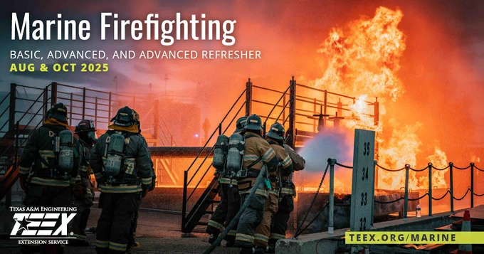 firefighters spray water on ship deck prop fire