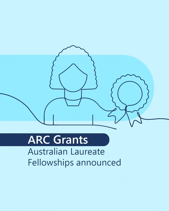 Stylised line-drawn illustration of a person next to an award ribbon. Text reads: 'ARC Grants Australian Laureate Fellowships announced'.