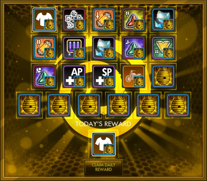 The Daily Login Window in Secret World Legends displaying 21 boxes of in-game rewards at the top organized into four rows: three rows have 5 reward boxes and one row has 6 reward boxes. The specific reward for the day is displayed at the bottom of the Daily Login Window. The background of the window behind the reward boxes is gold with a honeycomb texture shining through and a large bright gold spiral in the middle. Below the final row is text stating “TODAY’s REWARD” in white letters above a square containing an in-game icon displaying a t-shirt. Below the t-shirt’s icon box is a honey-gold button containing the words “CLAIM DAILY REWARD” in a glowing gold.