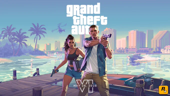 Key art for Grand Theft Auto VI, with a calm pastel blue and pink tone, showing the game's two protagonists, Lucia and Jason. Both characters, standing on a pier at the edge of the water have guns drawn, looking off to the distance. The Rockstar Logo appears in the Bottom right corner. 