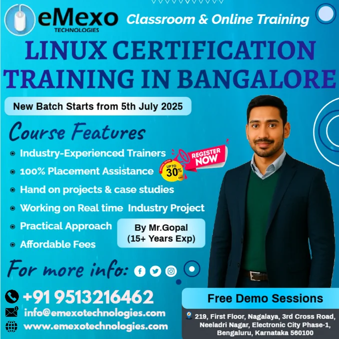 📢Attention Aspiring Linux Professionals! @everyone @highlight @followers
🚀Linux Training in Electronic City Bangalore – Master Linux Administration from Basics to Advanced with Real-Time Projects at eMexo Technologies!
🎉Limited-Time Offer: Get 30% OFF on our Linux Certification Course in Electronic City Bangalore – Available in Online & Offline Batches!
Want to build a high-demand career in system administration, DevOps, or cloud infrastructure? Join eMexo Technologies, the Best Linux Training Institute in Electronic City Bangalore, and gain hands-on Linux skills, expert mentorship, and career-focused training.
✅Why Choose Our Linux Course in Electronic City Bangalore?
 🔹Comprehensive Curriculum – Learn Linux fundamentals, shell scripting, user and permission management, package installation, file systems, networking, cron jobs, system monitoring, and troubleshooting
 🔹Hands-On Projects – Work on real-time Linux server setups and automation scenarios
📌#DevOpsTraining #LinuxAdmin