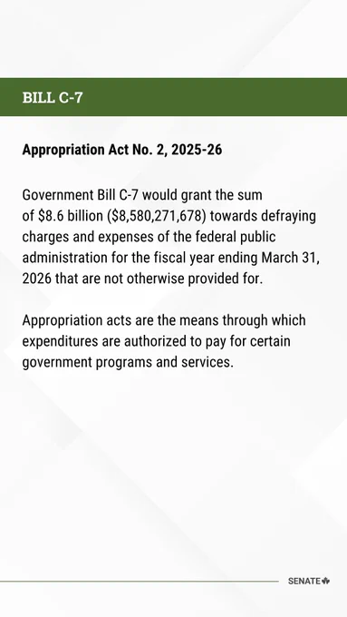BILL C-7
Appropriation Act No. 2, 2025-26
 
Government Bill C-7 would grant the sum of $8.6 billion ($8,580,271,678) towards defraying charges and expenses of the federal public administration for the fiscal year ending March 31, 2026 that are not otherwise provided for.
 
Appropriation acts are the means through which expenditures are authorized to pay for certain government programs and services.
