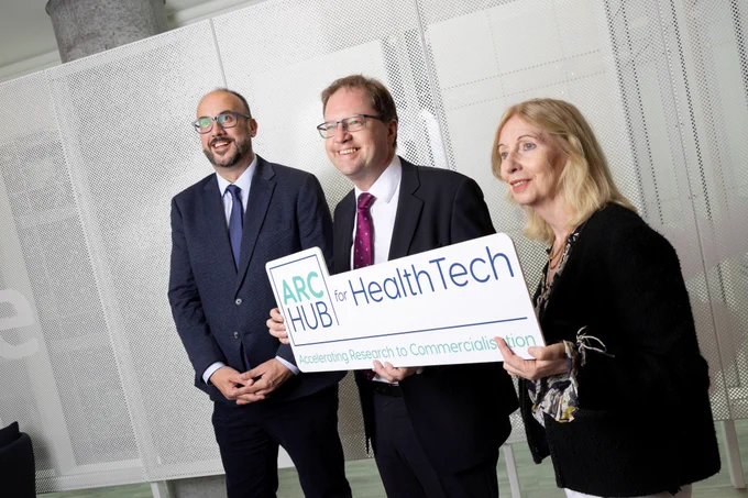  Prof. Garry Duffy, University of Galway and Director of the ARC Hub for HealthTech, James Lawless TD, Minister for Further and Higher Education, Research, Innovation and Science, and Celine Fitzgerald, Interim CEO, Research Ireland.