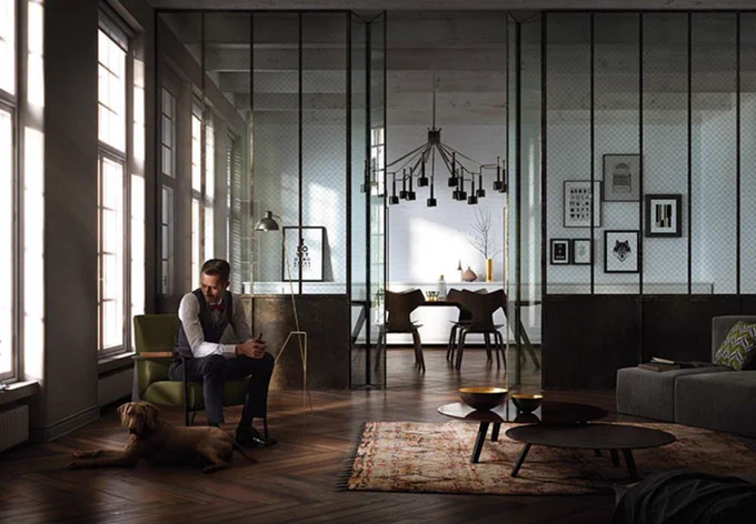 A warm and inviting photorealistic render of a living room, complete with a person and their dog, showcasing Lantern Visual's skill in creating lifestyle scenes that sell a vision.