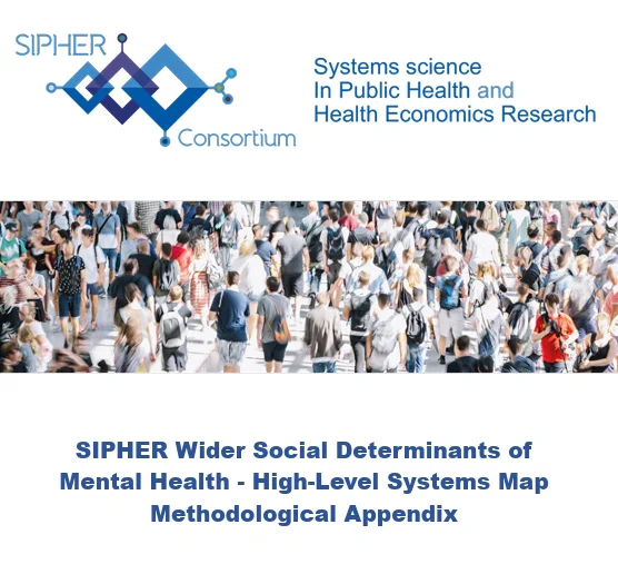 Report cover  - SIPHER logo top, Image of crowd walking centre and Report title bottom reads SIPHER Wider Social Determinants of Mental Health  - High-Level Systems Map: Methodological Appendix