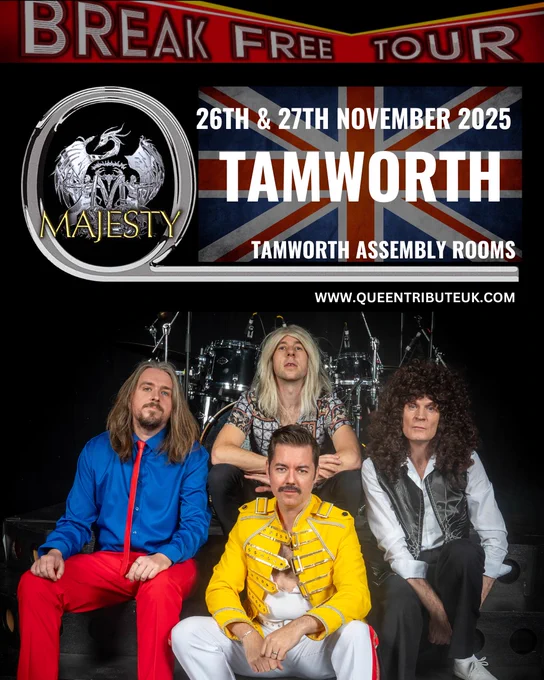 A show announcement picture for Majesty Queen Tribute Band, advertising shows in Tamworth at The Assembly Rooms on Wednesday the 26th and Thursday the 27th of November 2025.

