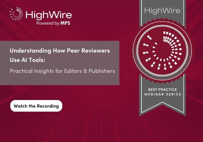 Poster with the webinar title saying "Understanding how peer reviewers use AI Tools". And a button saying watch the recording.