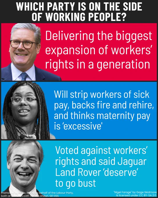 Headline at the top reads: Which party is on the side of working people? Below is split into three sections. In section 1, there is an image of Keir Starmer. Text reads: Delivering the biggest expansion of workers' rights in a generation. Underneath is an image of Kemi Badenoch. Text reads: Will strip workers of sick pay, backs fire and rehire, and thinks maternity pay is 'excessive'. Underneath is an image of Nigel Farage. Text reads: voted against workers' rights and said Jaguar Land Rover 'deserve' to go bust.