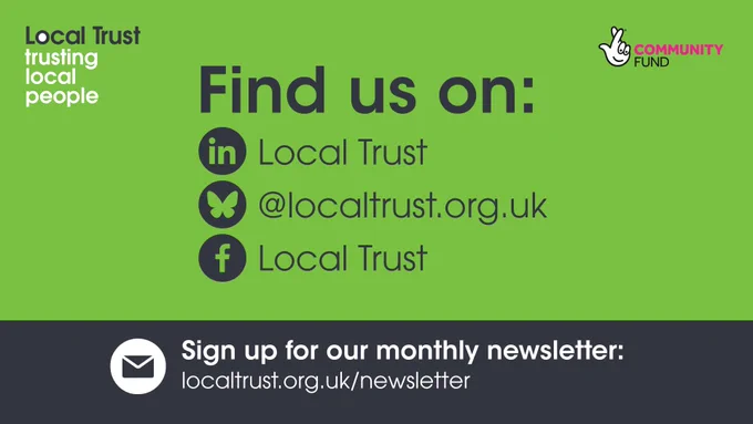 Graphic promoting Local Trust's social media and newsletter. The green background includes the Local Trust logo with the text "trusting local people." It encourages people to "Find us on:" followed by icons and handles for LinkedIn (Local Trust), a Bluesky handle (@localtrust.org.uk), and Facebook (Local Trust). A Community Fund logo appears in the top right. At the bottom, on a dark background, there’s an envelope icon and the message: "Sign up for our monthly newsletter: localtrust.org.uk/newsletter".