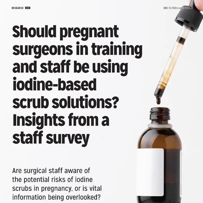 A page from the Bulletin, showing a brown glass vial of liquid with a pipette. The title text reads: 'Should pregnant surgeons and surgical staff be using iodine-based scrub solutions? Insights from a staff survey' with the sub heading reading, 'Are surgical staff aware of the potential risks of iodine scrubs in pregnancy, or is vital information being overlooked?'