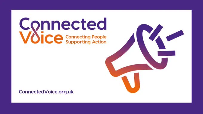 White, purple and orange graphic saying "Connected Voice: Connecting People, Supporting Action" next to a graphic of a megaphone