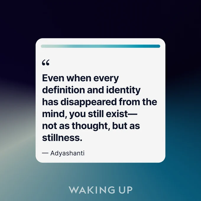 Image featuring a quote by Adyashanti on a blue gradient background, reading: 'Even when every definition and identity has disappeared from the mind, you still exist - not as thought, but as stillness.' Below the quote is the text 'WAKING UP'.