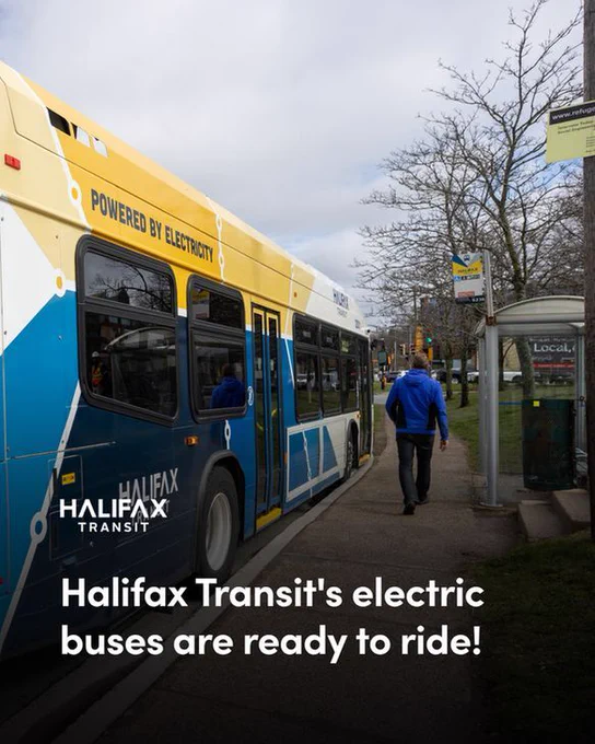 A person at a bus stop, walking towards a Halifax Transit electric bus. There is a Halifax Transit logo at the bottom of the image, above text that reads: “Halifax Transit’s electric buses are ready to ride!”