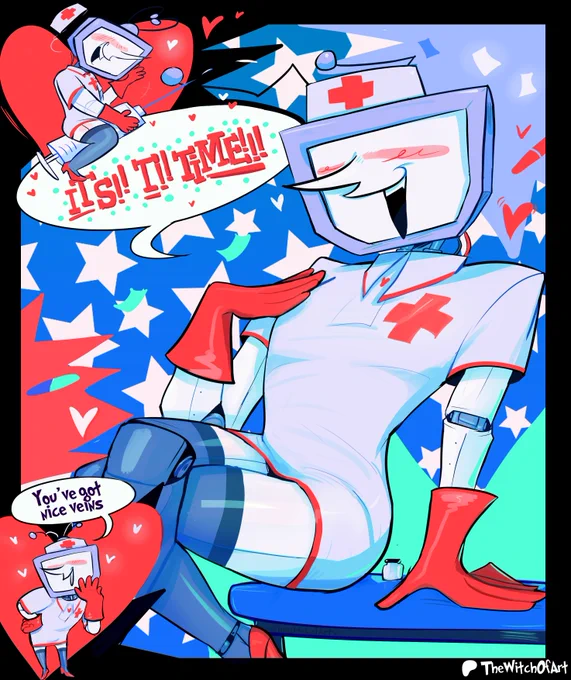 It shows Tenna dressed up with a nurse dress with red tones, a hat with red cross, and he's wearing red high heels, and red latex gloves.
In the top, it shows Tenna sitting in a needle while smiling and posing, and said "It's!! T!! Time!!" 
In the bottom, it shows Tenna complimenting you "You've got nice veins."
In the main artwork, it shows he's crossing his legs, sitting in a exam bed.