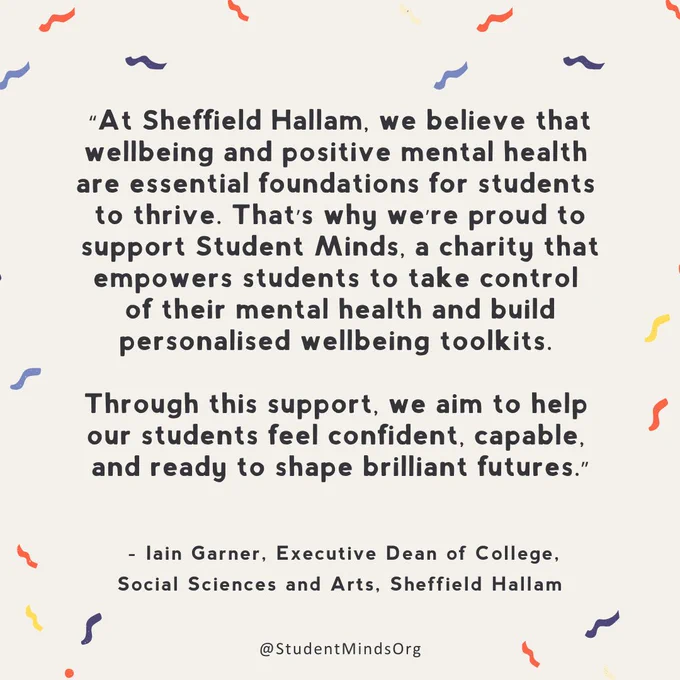 Quote about the importance of mental health support for students at Sheffield Hallam University by Iain Garner, Dean of Social Sciences and Arts. The text, set against a white background, emphasizes creating personalized mental health support to help students feel confident and capable.