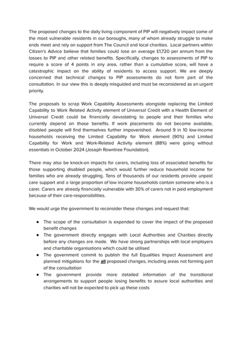 The images are of a 3 page letter to Liz Kendall MP, Secretary of State for Work and Pensions about concerns about the proposed changes to the benefit system in the 'Back to work' green paper. The letter is signed by: Cllr Barry Lewis, Leader of Sutton Council, Cllr Andreas Kirsch
Leader of Kingston Council, Cllr Gareth Roberts, Leader of Richmond Council	, Bobby Dean, MP for Carshalton and Wallington, Luke Taylor, MP for Sutton and Cheam, Ed Davey, MP for Kingston and Surbiton, Munira Wilson, MP for Twickenham	, Sarah Olney, MP for Richmond Park, Paul Kohler, MP for Wimbledon
