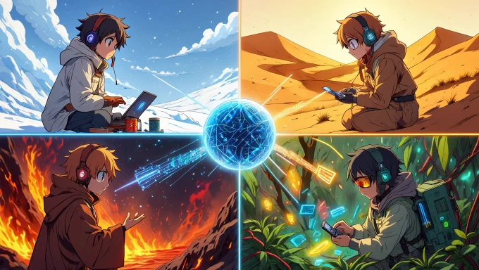 A horizontally-divided digital illustration featuring four distinct environments. The upper left quadrant shows a snow-covered landscape with swirling snowflakes, where an arctic scout in white thermal gear performs survival tasks. The upper right displays a sun-scorched desert with rolling dunes, where a desert engineer in protective goggles operates mechanical equipment. The lower left contains an active volcanic region with flowing lava streams, where a lava mage in flame-resistant robes conducts mystical gestures. The lower right presents a neon-lit cyber-jungle with bioluminescent plants, where a techno-druid in circuit-embedded clothing interfaces with electronic devices. A glowing blue spherical MCP core floats centrally in the sky across all quadrants, emitting distinct beams of light that connect to each agent.