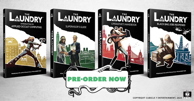 Four book covers titled "The Laundry" displayed side by side, focusing on different themes like applied occult computing and espionage, with a central banner saying "Pre-order Now". Each cover features a distinct, colorful illustration related to the book's theme.