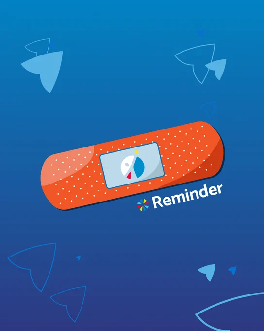 An illustration of an orange bandage with the Reach Higher logo inside of a blue box in the center. This bandage is over a blue gradient background that has check motifs on it. There is a multicolored starburst under the bandage with the word “Reminder” written in white text.