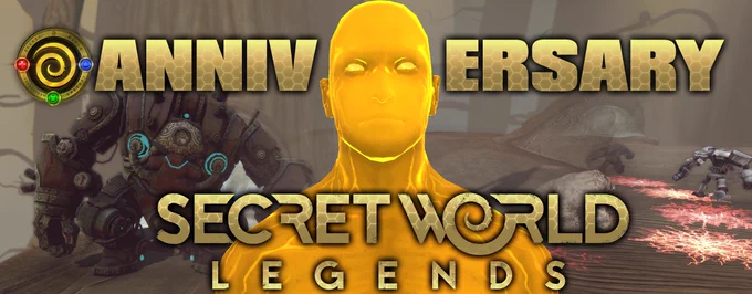 The Hollow Earth as seen in the game "Secret World Legends" is the backdrop, the World Tree humming with anima as trunks extend in the distant skies. A honey-golden humanoid with equally golden eyes known only as "The Gatekeeper" stands in the middle of the scene. To the left of him is an Agarthan branch carrying a squatting brass-colored automaton with blue energy emitting from its core - this ancient Agartha Custodian looms. To the right of the Gatekeeper are three small golems running in a circle on a platform made of Agarthan wood. The word "ANNIVERSARY" braces the Gatekeeper's head. To the left of the word "ANNIVERSARY" is a circular badge with a golden spiral in the middle with a red Templar, green Dragon, and blue Illuminati logo encircled in small gems on the rim of the badge in counter-clockwise order. On the Gatekeeper's torso are the words "SECRET WORLD LEGENDS". 