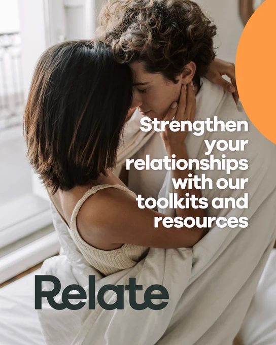 Two people embracing in a heartfelt hug in a bright room, with the text "Strengthen your relationships with our toolkits and resources" and the logo of Relate visible.