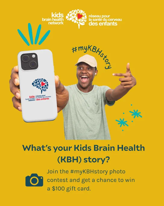 A joyful person holds a phone with a Kids Brain Health logo against a yellow background. Text reads, "What's your Kids Brain Health story?" and promotes a photo contest.