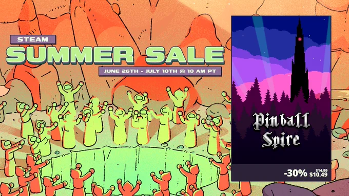 Promotional image for Pinball Spire in the Steam Summer Sale. The game is on sale with a 30% discount at $10.49 (regular price $14.99).