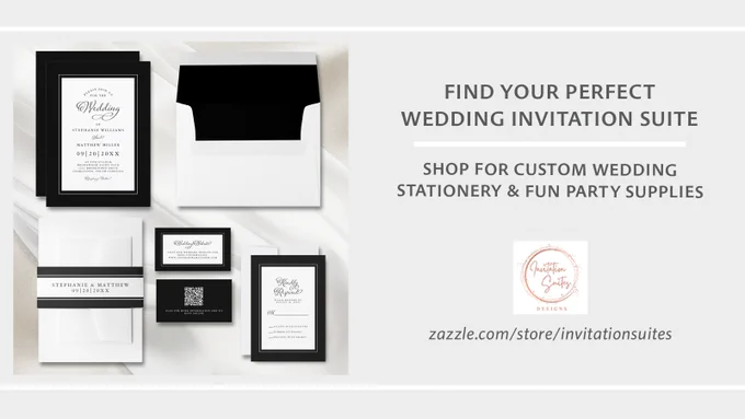 Black and white wedding invitation suite featuring chic black border, petite white trim, and charcoal gray calligraphy—perfect for a modern, elegant celebration.