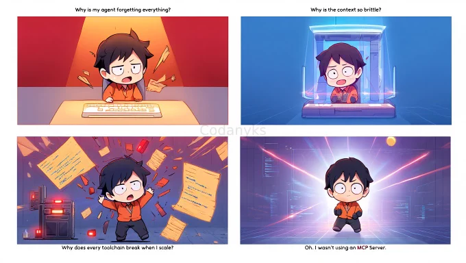Panel 1: The character sits at a glowing terminal with a tangled mess of prompts on screen, looking stressed, with the quote: “Why is my agent forgetting everything?” Panel 2: The same character is now standing, arms flailing, as code collapses into shards, saying: “Why is the context so brittle?” Panel 3: The environment becomes chaotic — exploding logs, red alert lights, toolchains snapping visually — as the agent yells: “Why does every toolchain break when I scale?” Panel 4: Calm scene. A sleek MCP Server appears like a glowing AI tower, beaming a structured context bundle into the agent’s HUD. The character, now relaxed and enlightened, smiles with a soft glow around them and says: “Oh. I wasn’t using an MCP Server”.