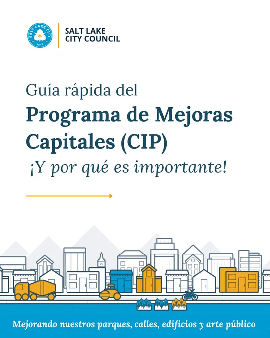 Portada de "Una guía rápida del Programa de Mejoras Capitales y por qué es importante para usted," con ilustraciones de edificios y calles urbanas.