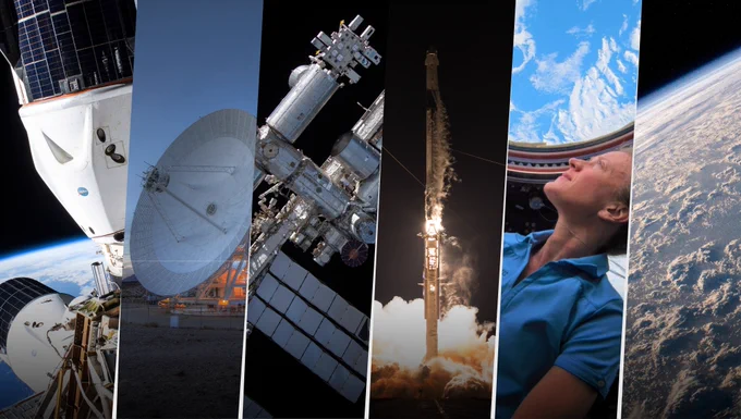 From left to right: 

Two U.S spacecraft, the SpaceX Cargo Dragon (foreground) and the SpaceX Crew Dragon (bottom center), are pictured docked to the Harmony module's international docking adapters.

An antenna faces left, surrounded by a rocky landscape, it casts an orange glow in the darkening sky. 
 
The International Space Station is pictured from the SpaceX Crew Dragon Endeavour during a fly around of the orbiting lab following its undocking from the Harmony module’s space-facing port in Nov. 2021.
 
A SpaceX Falcon 9 rocket carrying the company's Crew Dragon spacecraft is launched on NASA’s SpaceX Crew-4 mission to the International Space Station with NASA astronauts Kjell Lindgren, Robert Hines, Jessica Watkins, and ESA astronaut Samantha Cristoforetti onboard; April 2022. 
 
NASA astronaut Karen Nyberg, enjoys the view of Earth from the windows in the Cupola of the space station.  

The cloud tops are illuminated just after an orbital sunrise from the space station. 