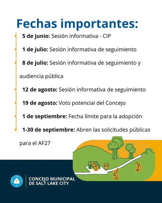 Gráfico que muestra las fechas importantes del proceso del CIP del Concejo Municipal, incluida una sesión informativa de seguimiento y una audiencia pública el 8 de julio.