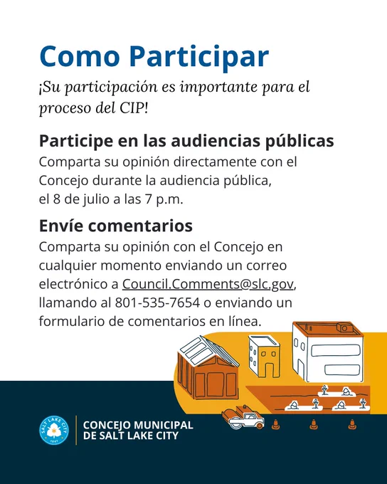 Gráfico informativo que fomenta la participación pública en el proceso del CIP con detalles sobre la asistencia a las audiencias públicas y la entrega de comentarios, ilustrado con un paisaje urbano.