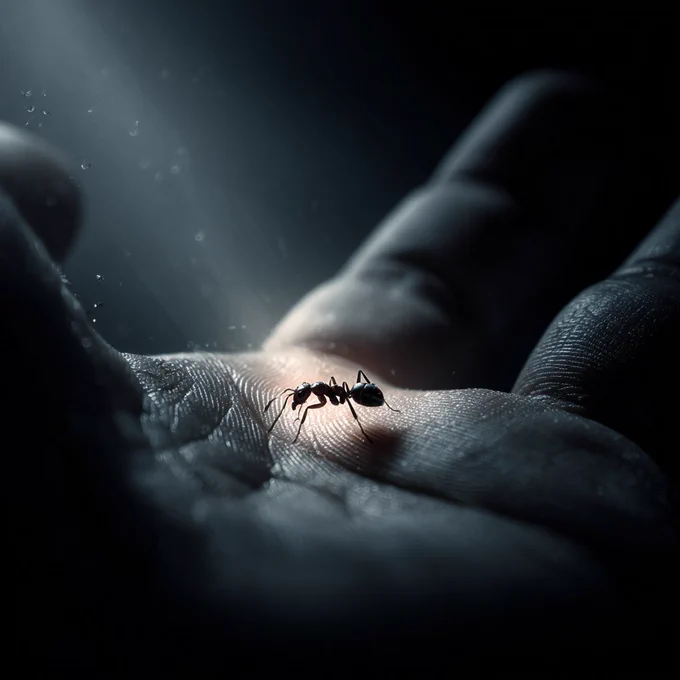 An image of a small black ant walking on the palm of a human hand. A soft beam of light illuminates the ant and the texture of the skin, highlighting the delicate contrast between the tiny creature and the vastness of the hand that holds it. The background is dark, drawing focus to the ant and the gentle light.