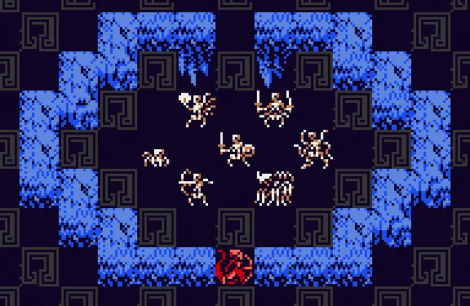 seven 16x16 sprites for skeletal undead characters in a blue cave. the crawler, left, is a small crawling thing, somewhat asymmetrical, without a head. the three "spider" designs range from fairly humanoid with four arms, to upright but somewhat ganglier and less humanoid, to one which is extremely spiderlike.