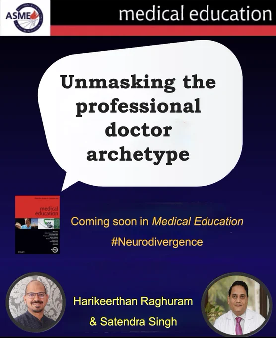 black and blue background of journal 'medical education' with bubble stating the title and pics of authors