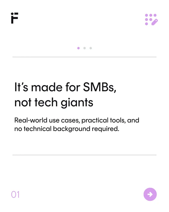 image 2: ​

text reads: "It's made for S M Bs, not tech giants. Real world  use cases, practical tools, and non technical background required.". ​