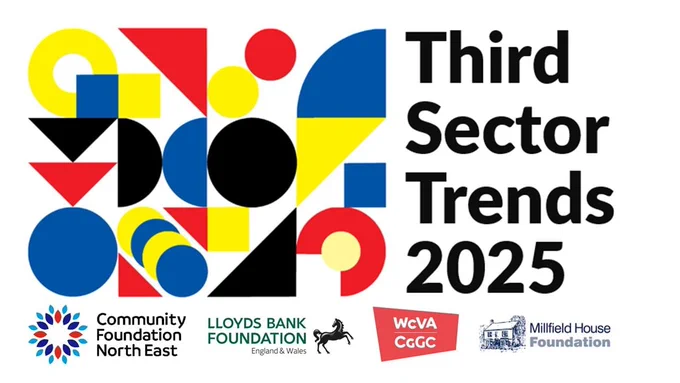 Third Sector Trends logo. Lots of colourful shapes build into a square. Text reads: Third Sector Trends 2025. We see sponsorship logos.